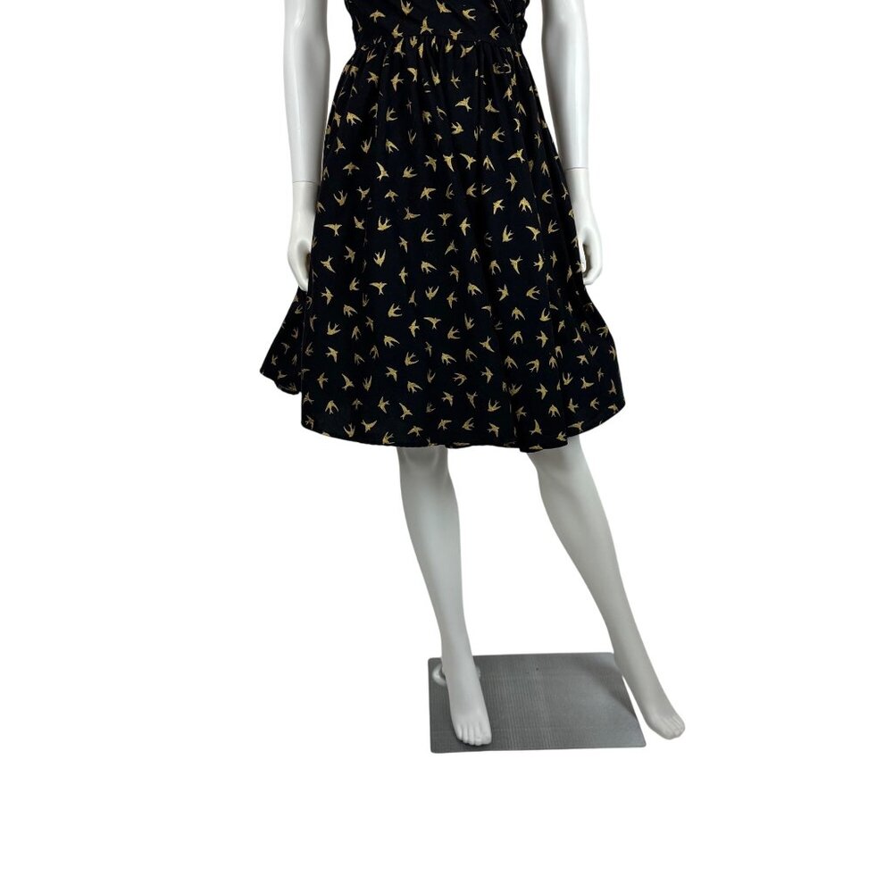 Dollz & Dames Halter Dress Small Gold Sparrow Bird Print Black Pin Up Sundress - Picture 10 of 15
